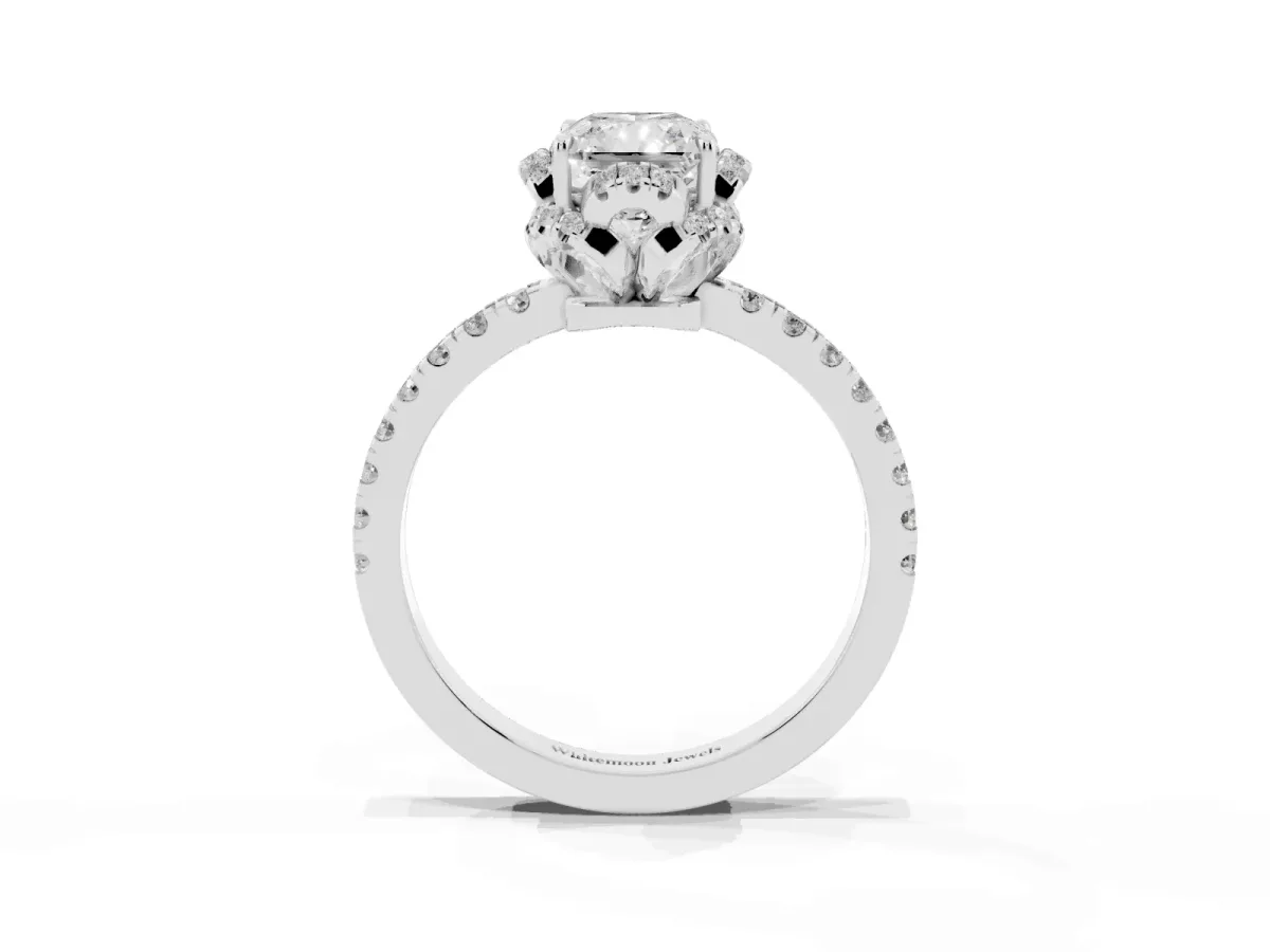 Radiant Cut Diamond Halo Pave Band with Four-Prong Setting Silver