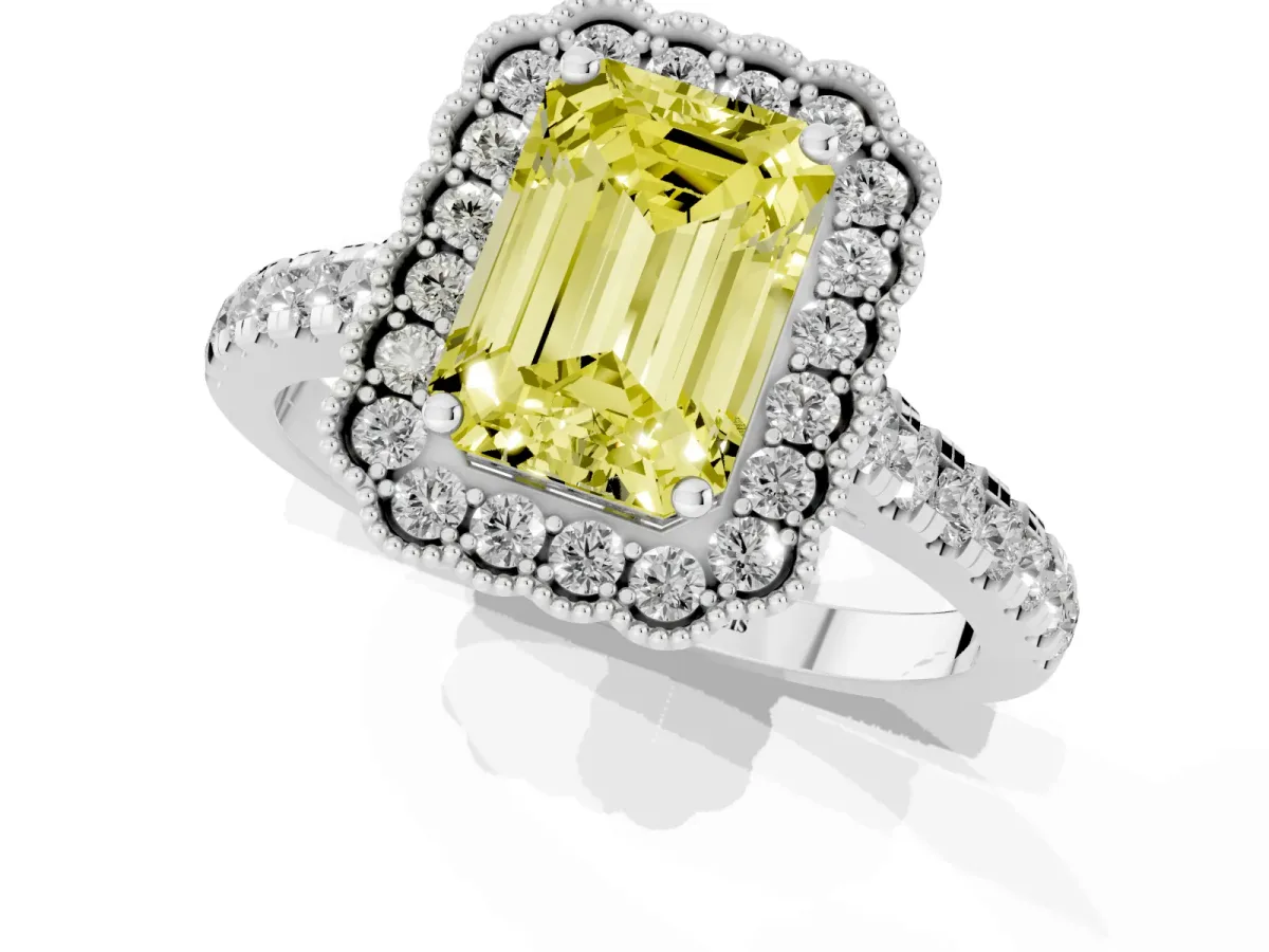 Fancy Yellow Emerald Cut Cut Diamond Milgrain Floral Halo Engagement Ring with Pavé Band Silver