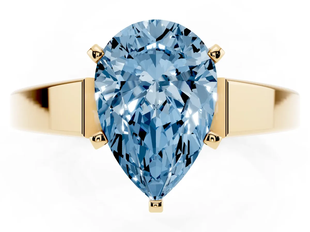 Fancy Blue Pear Cut Solitaire Engagement Ring with Four-Prong Setting and Tapered Band Yellow gold