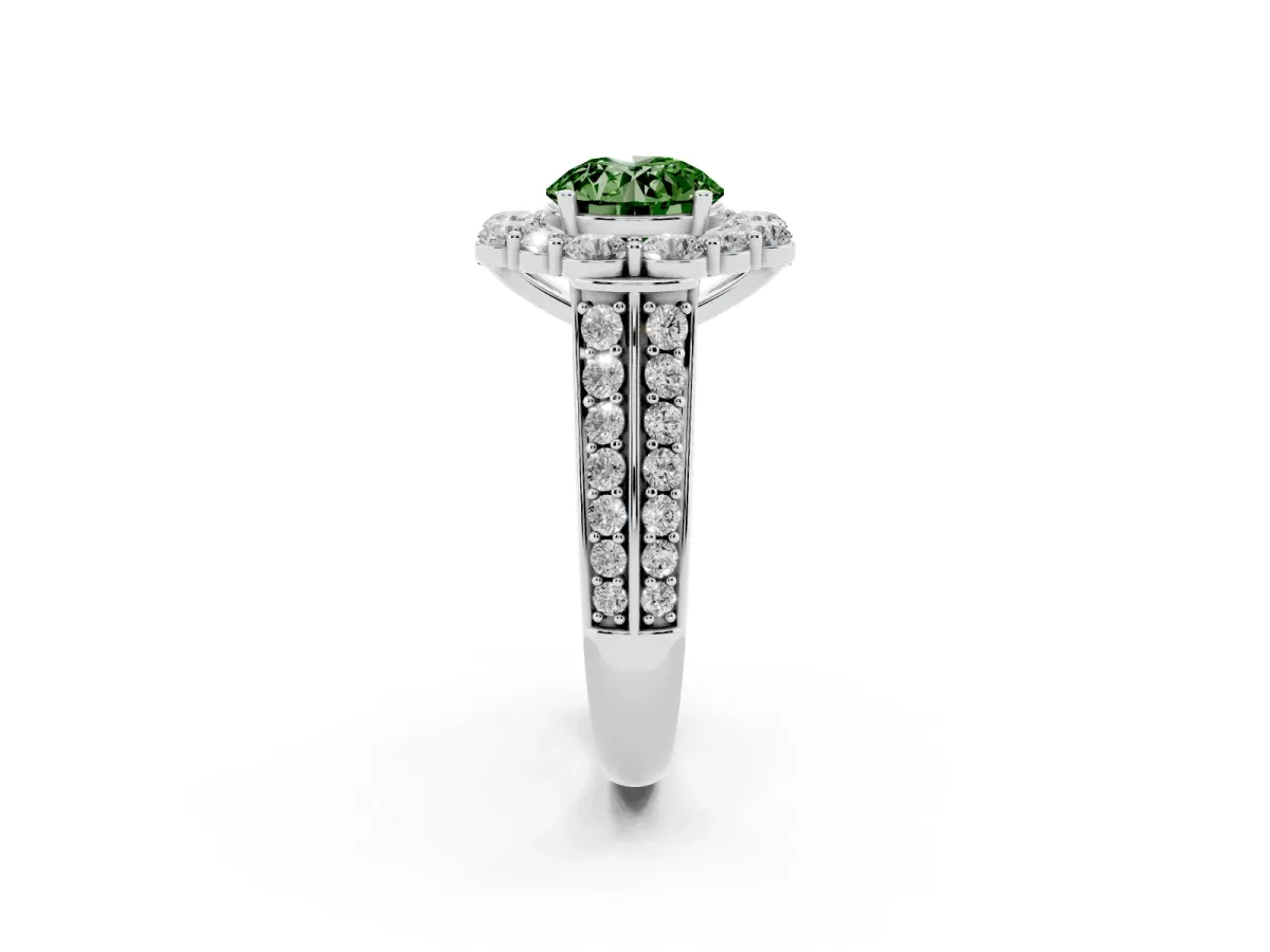 Fancy Green Round Cut Halo Diamond Engagement Ring with Split Shank and Prong Setting Silver