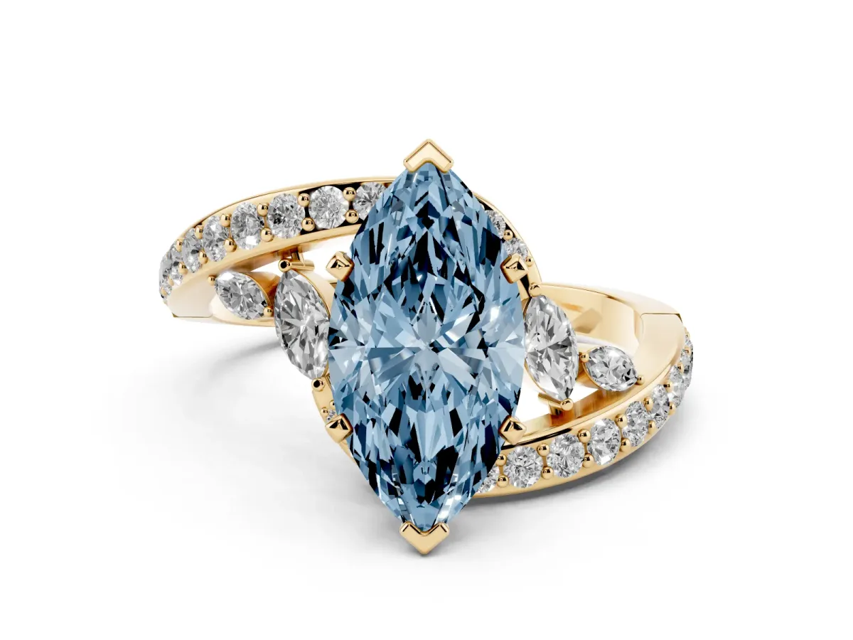 Fancy Blue Marquise Cut Solitaire with Pavé Twist Band and Four-Prong Setting Yellow gold