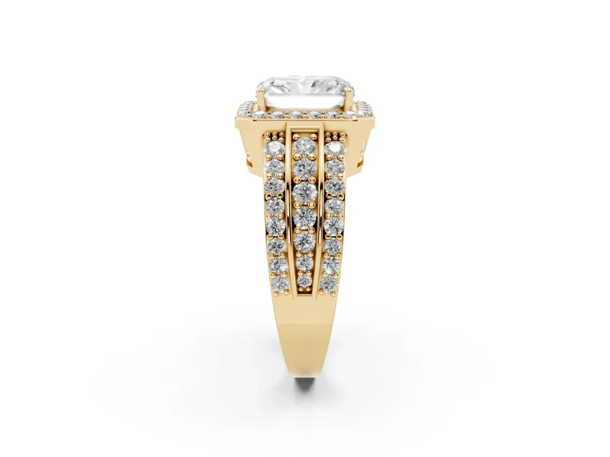 Radiant Cut Halo Diamond Ring with Round Split Shank and Prong Setting Yellow gold