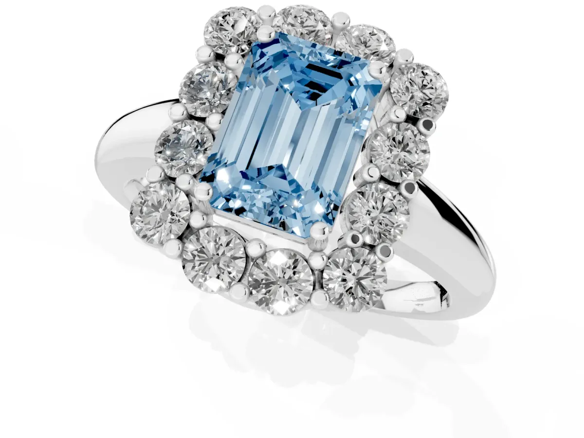 Fancy Blue Emerald Cut Halo Cluster Diamond Engagement Ring with Prong Setting and Polished Band Silver