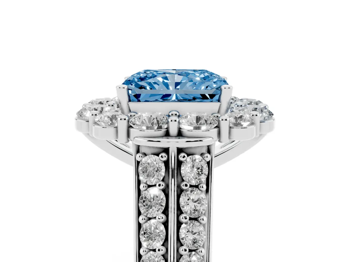 Fancy Blue Radiant Cut Halo Diamond Engagement Ring with Split Shank and Prong Setting Silver