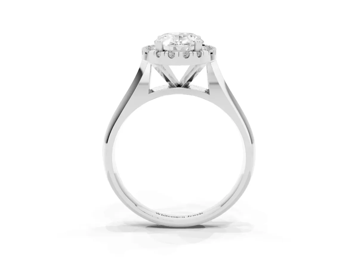 Oval Cut Cut Halo Solitaire Engagement Ring with Square Band and Four-Prong Setting White gold