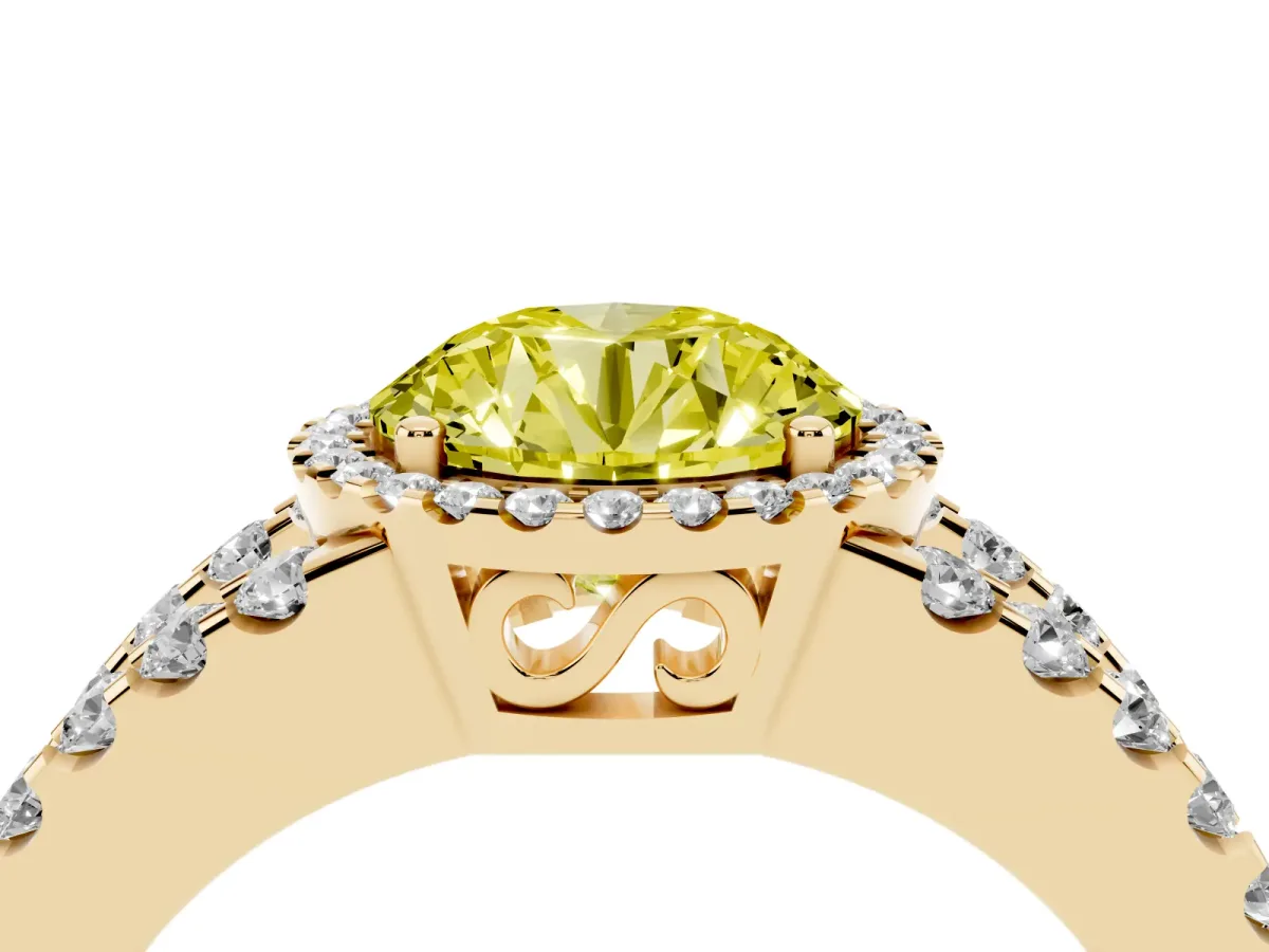Fancy Yellow Round Cut Cut Halo Split Shank Diamond Ring with Four-Prong Setting Yellow gold