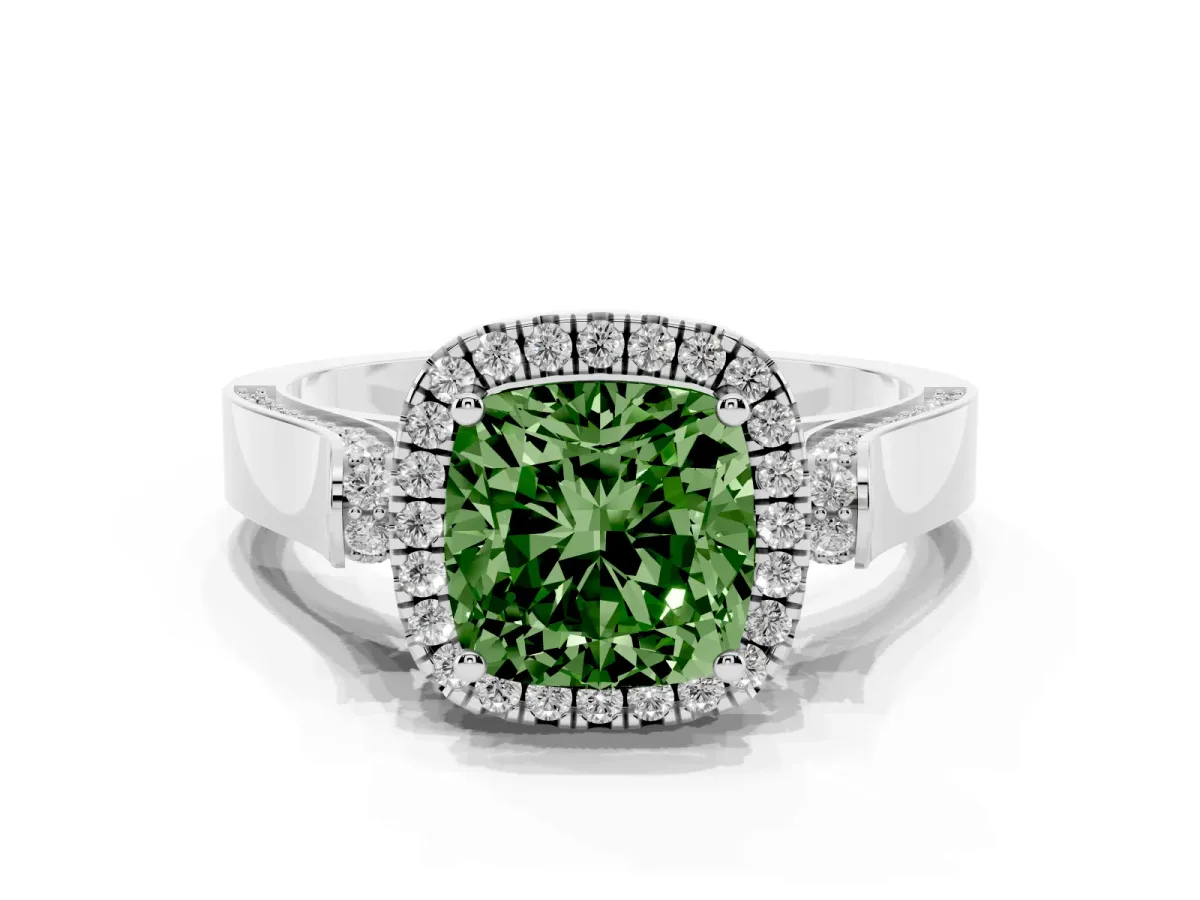 Fancy Green Cushion Cut Halo Pave Split Shank Prong Setting Ring Silver
