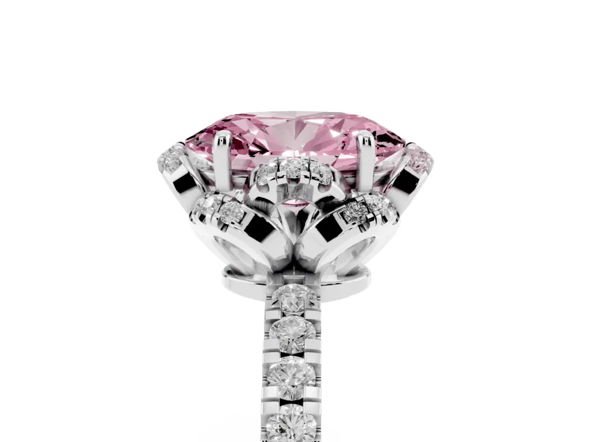 Fancy Pink Oval Cut Diamond Halo Pave Band with Four-Prong Setting Silver