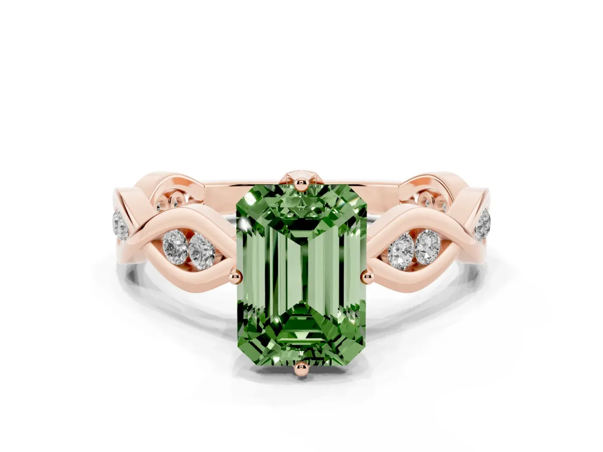 Fancy Green Emerald Cut Solitaire Twist Band with Leaf Prong Setting Rose gold