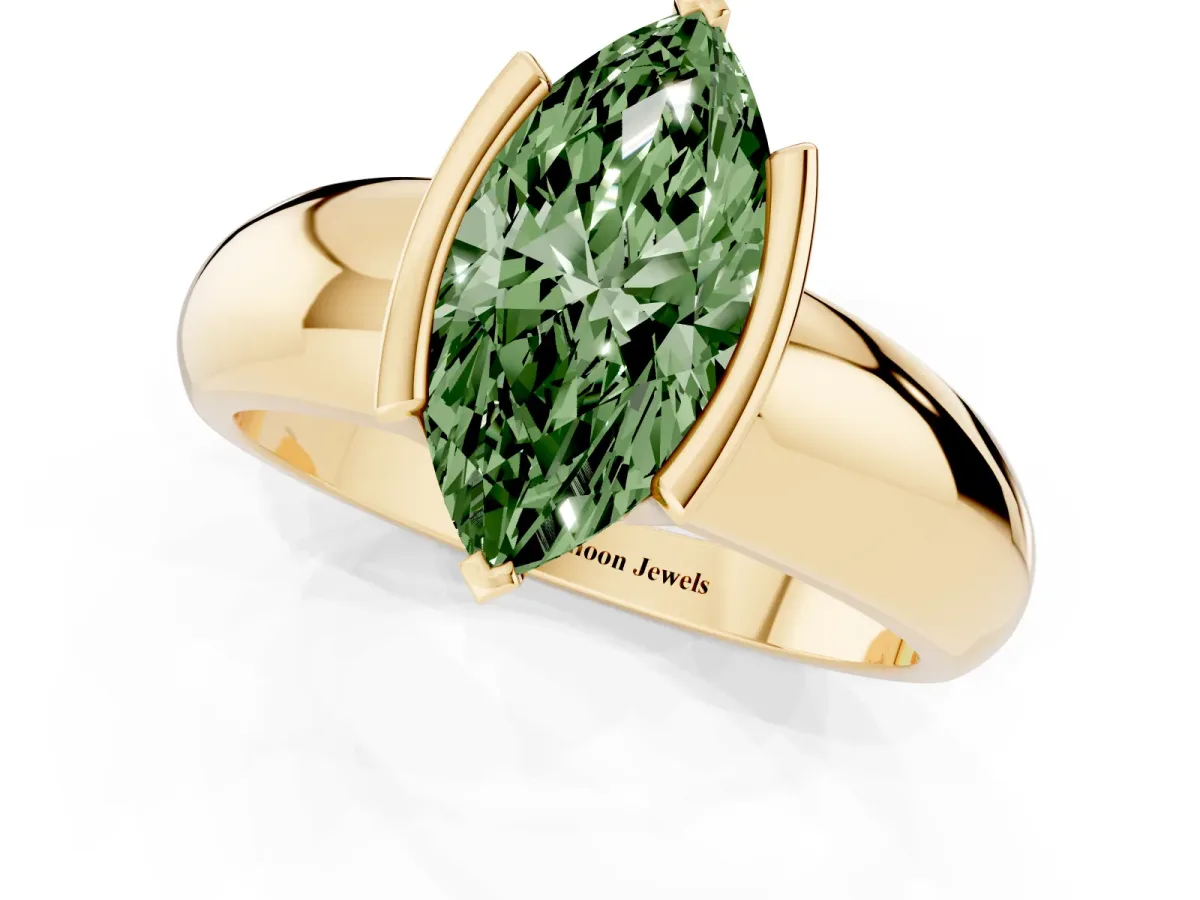 Fancy Green Marquise Cut Solitaire Tension Set Diamond Ring with Wide Band Yellow gold