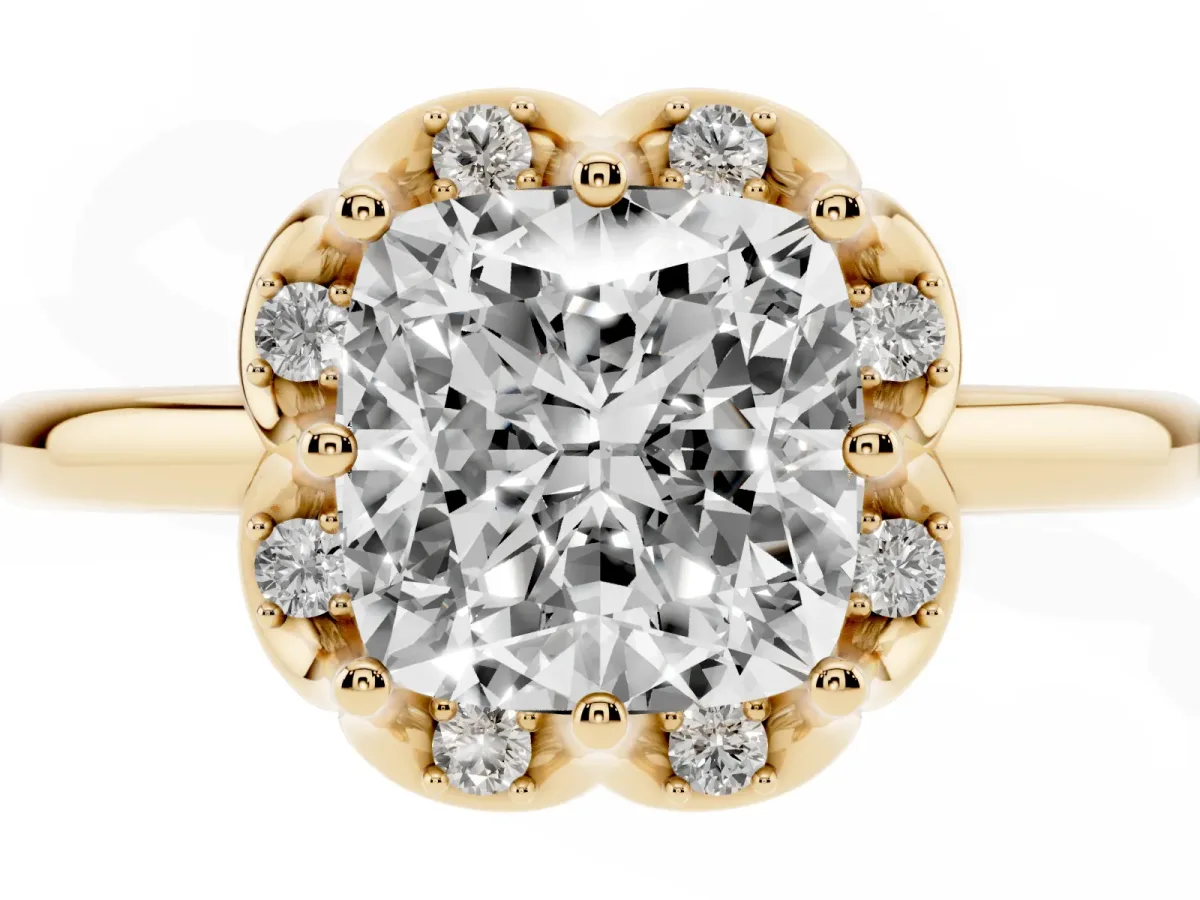 Cushion Cut Halo Diamond Ring with Round Cluster Setting, Solitaire Band, and Four-Prong Setting Yellow gold