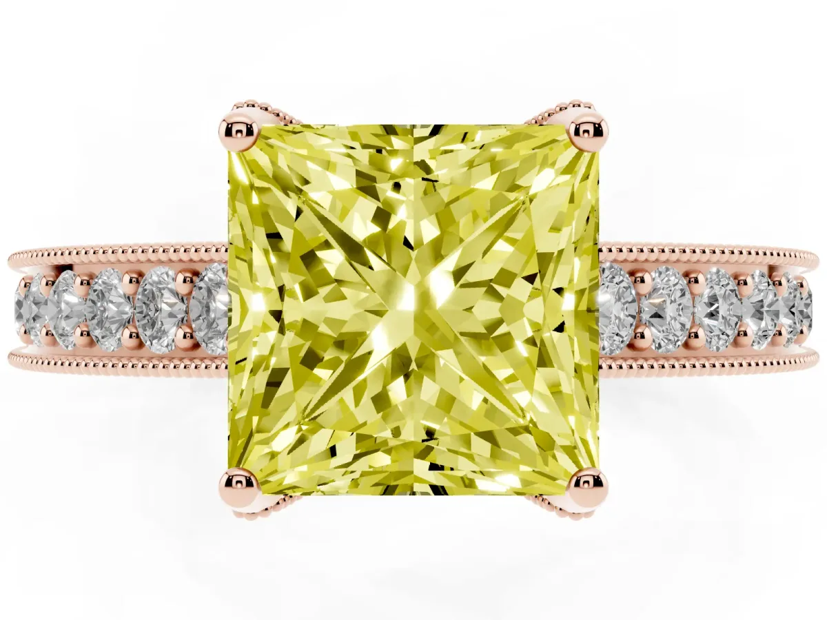 Fancy Yellow Princess Cut Cut Diamond Solitaire Ring with Milgrain Pave Band and Four Prong Setting Rose gold
