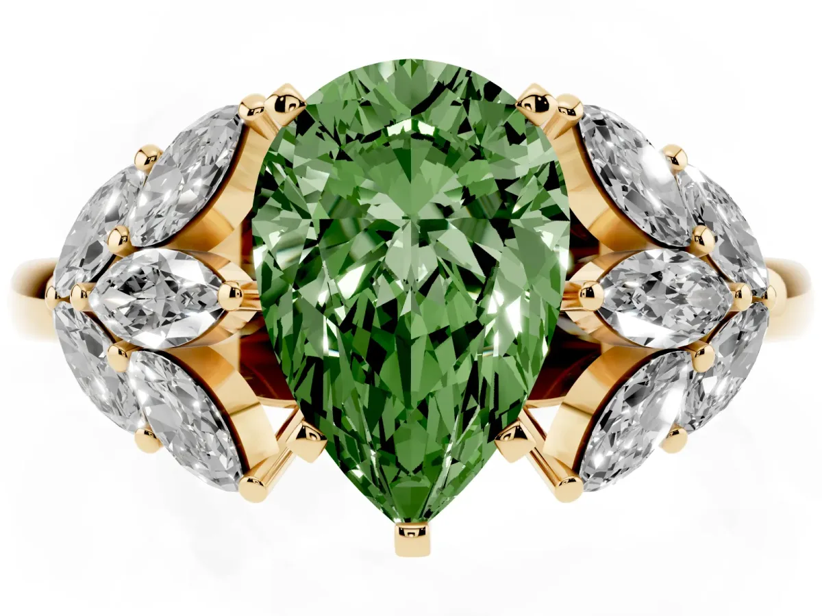 Fancy Green Pear Cut Diamond Cluster Leaf Design Ring with Prong Setting Yellow gold