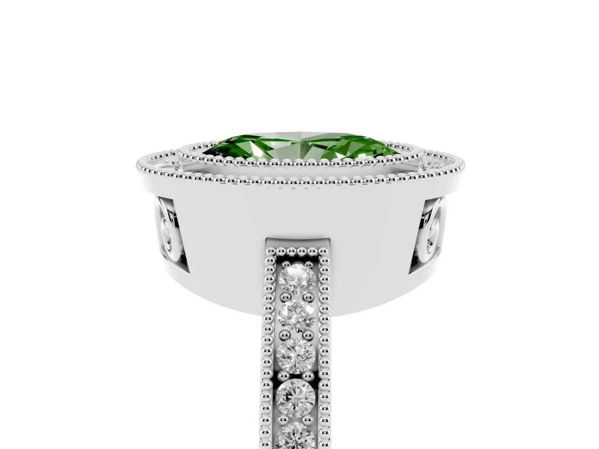 Fancy Green Oval Cut Cut Halo Diamond Ring with Pavé Band and Milgrain Prong Setting Silver
