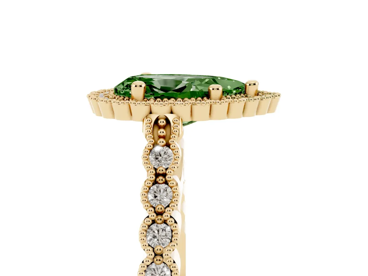 Fancy Green Pear Cut Cut Halo Pavé Solitaire Ring with Milgrain Band Yellow gold