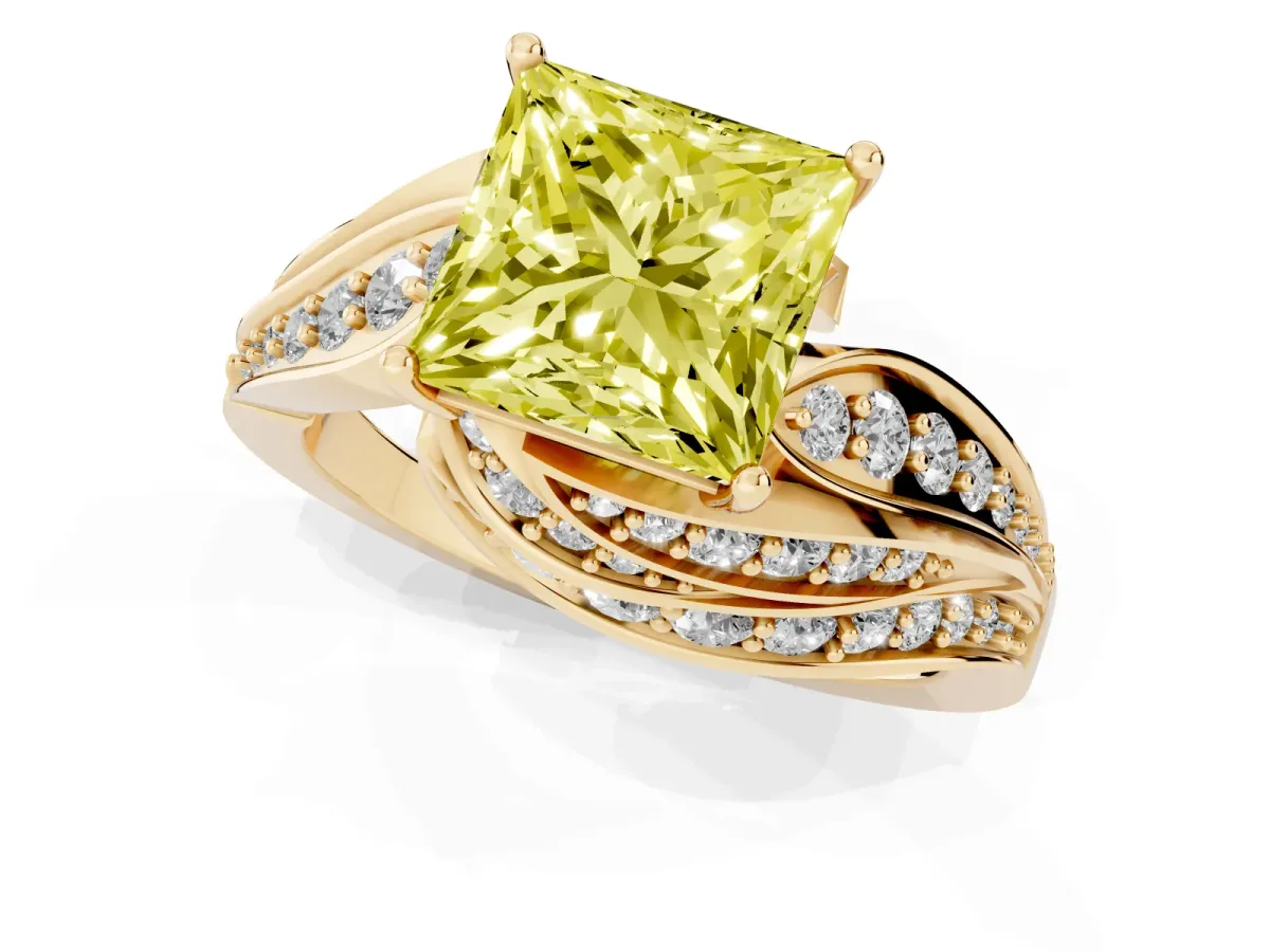 Fancy Yellow Princess Cut Diamond Solitaire Ring with Prong Setting and Twisted Pavé Band Yellow gold
