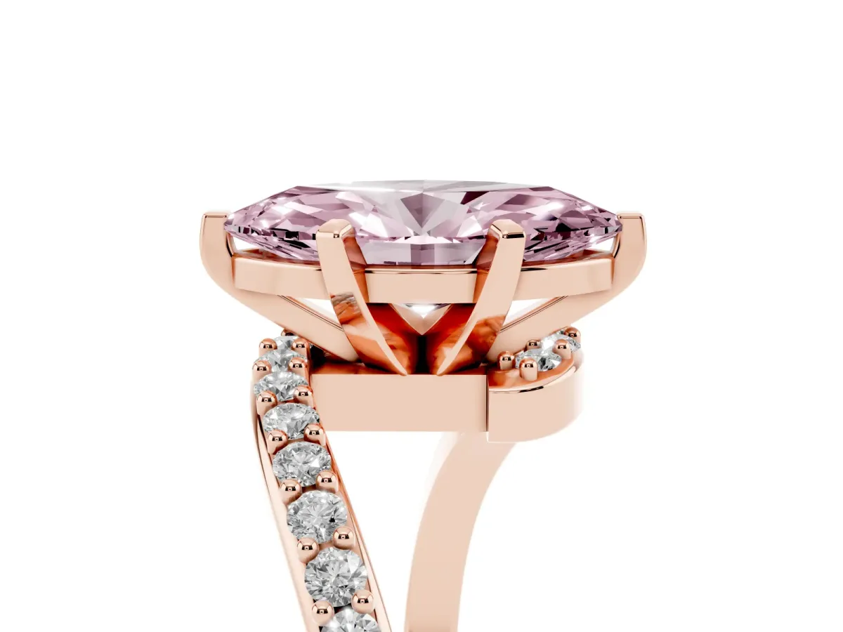 Fancy Pink Marquise Cut Solitaire Twist Band with Pave Set Diamonds and Four-Prong Setting Rose gold