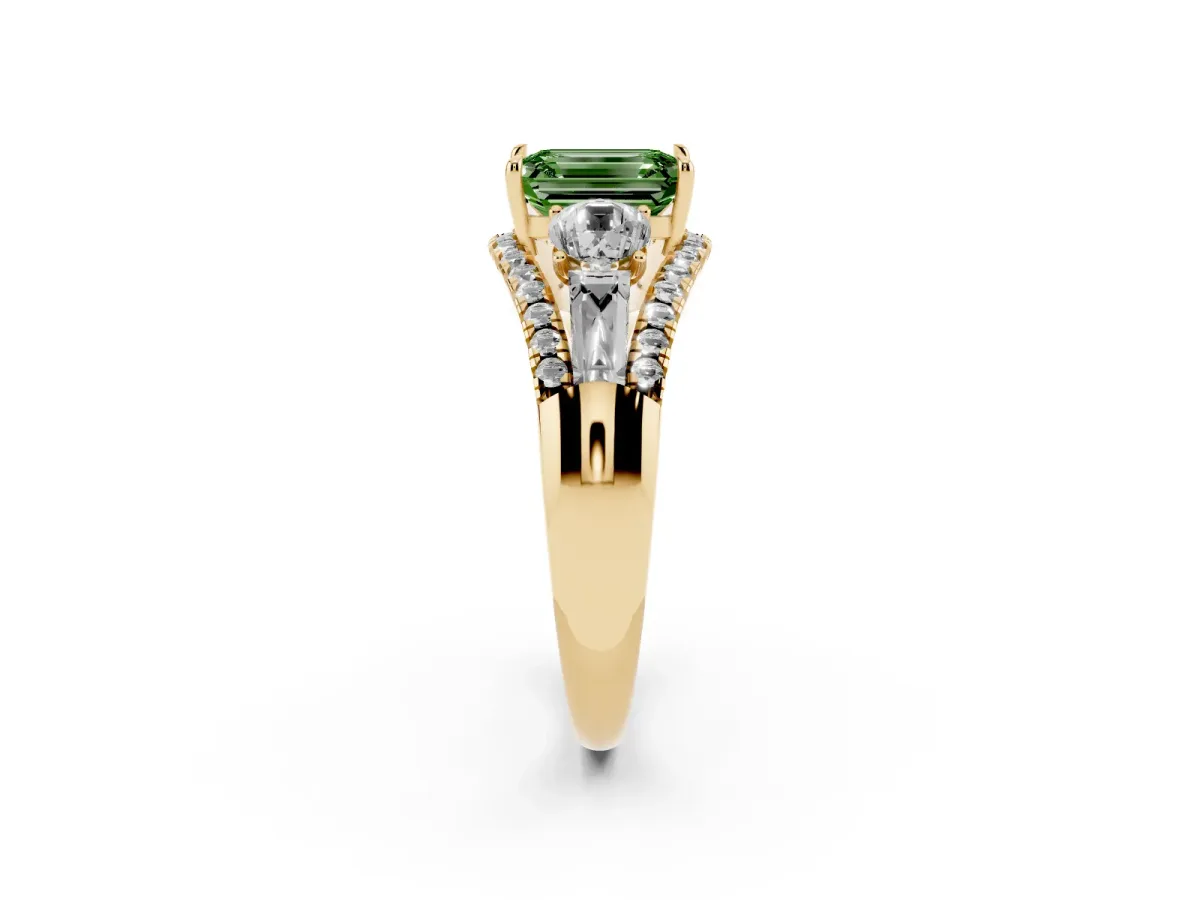 Fancy Green Three-Stone Emerald Cut Diamond Engagement Ring with Pave Band and Prong Setting Yellow gold