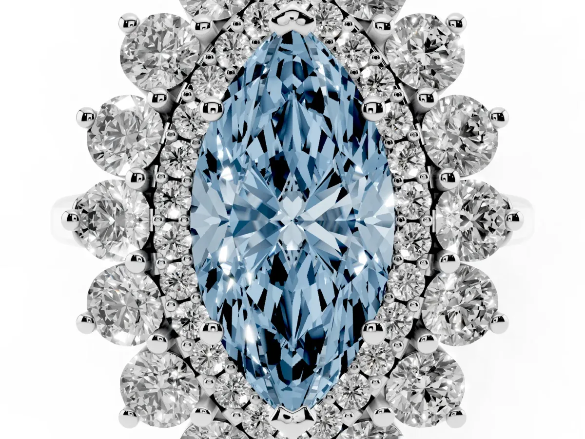 Fancy Blue Marquise Cut Diamond Floral Double Halo Engagement Ring with Prong Setting Platinum