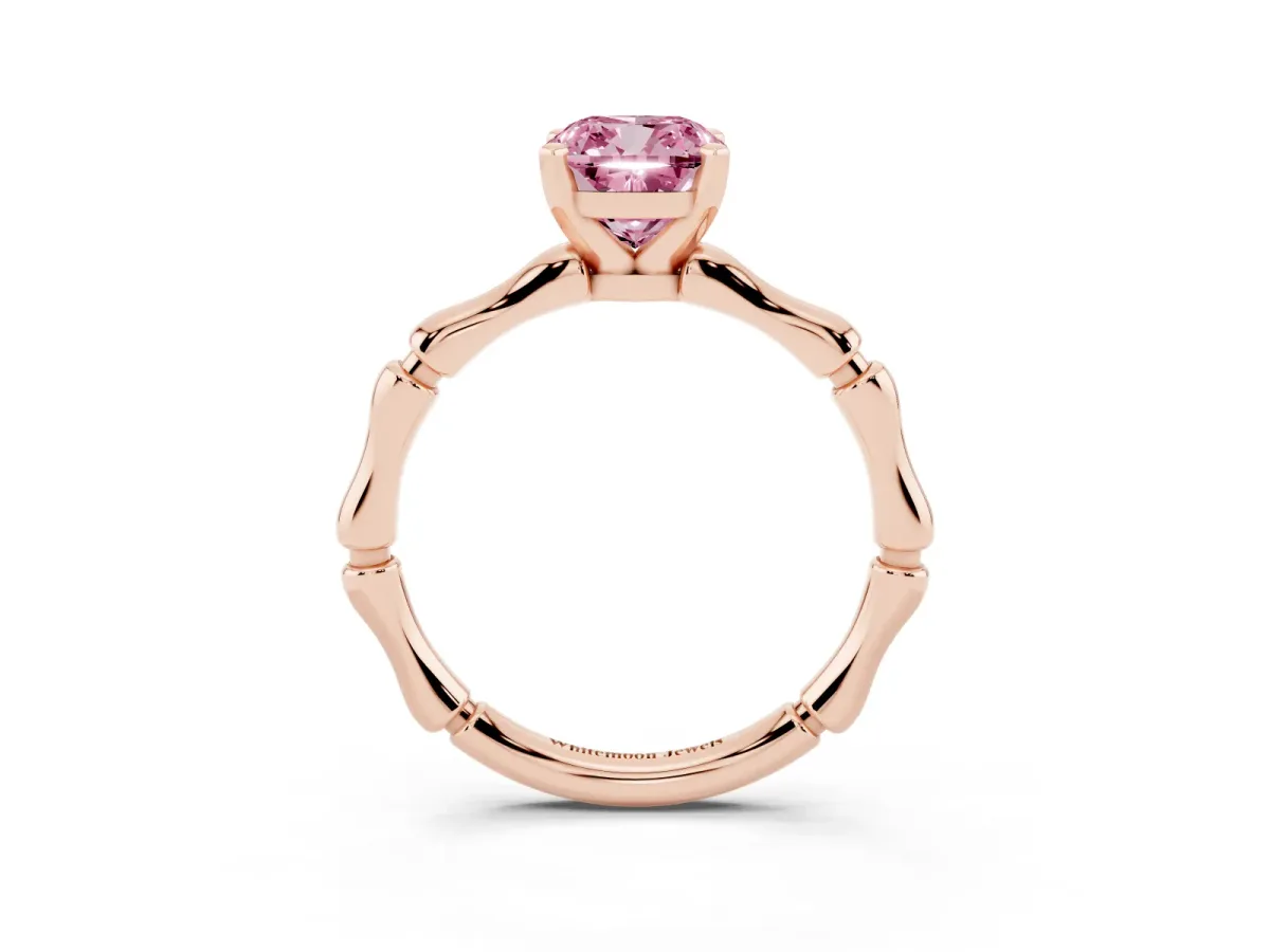 Fancy Pink Cushion Cut Solitaire Diamond Ring with Bamboo Band and Four-Prong Setting Rose gold