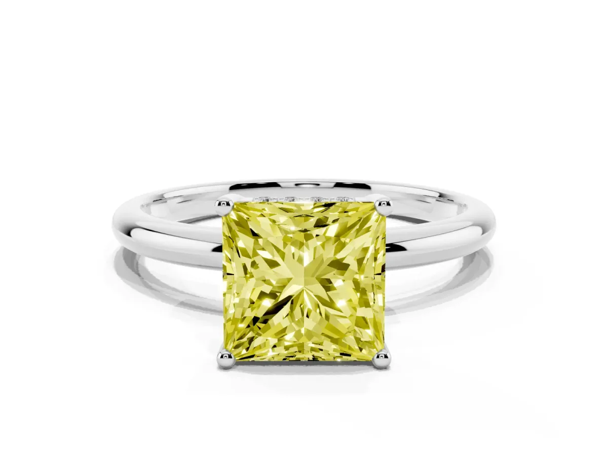 Fancy Yellow Princess Cut Cut Solitaire Engagement Ring with Four-Prong Setting and Classic Band Platinum