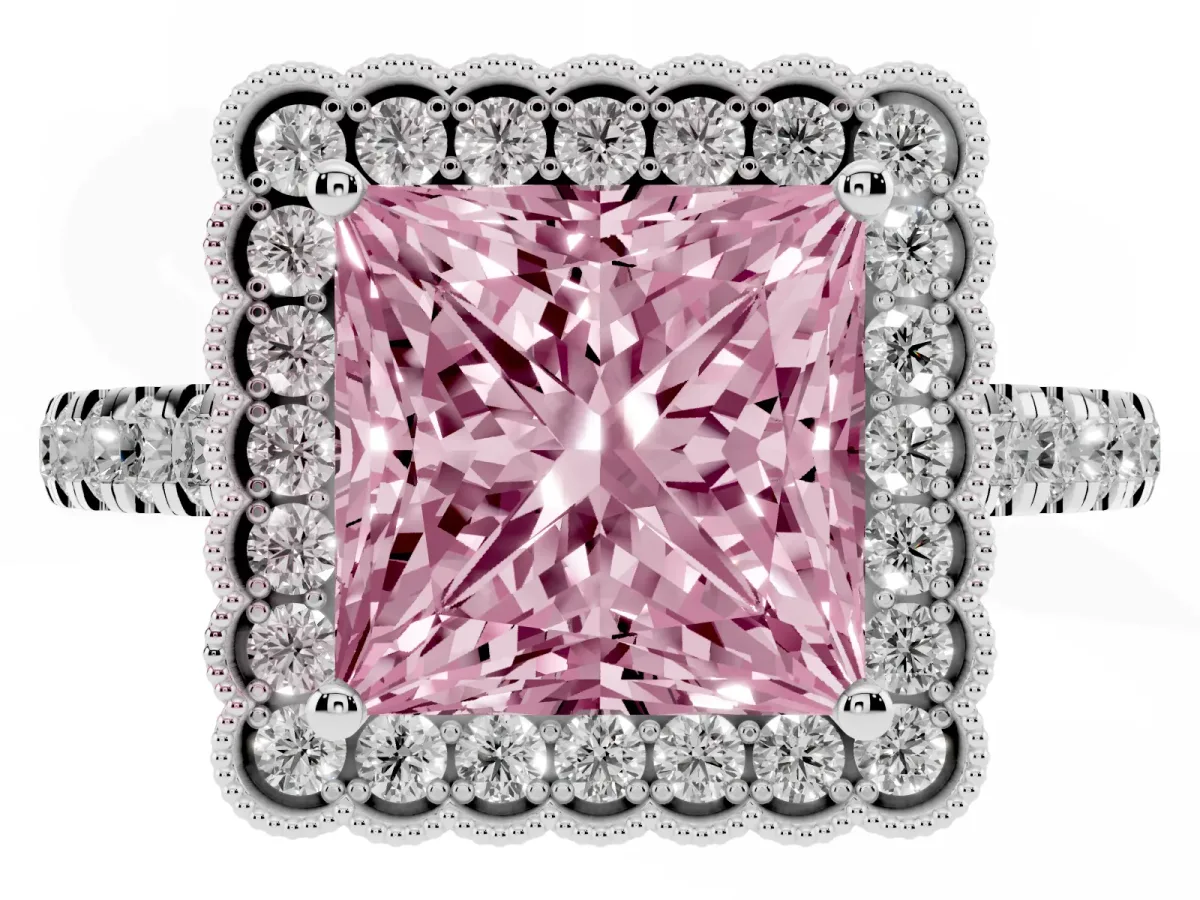 Fancy Pink Princess Cut Cut Diamond Milgrain Floral Halo Engagement Ring with Pavé Band Silver