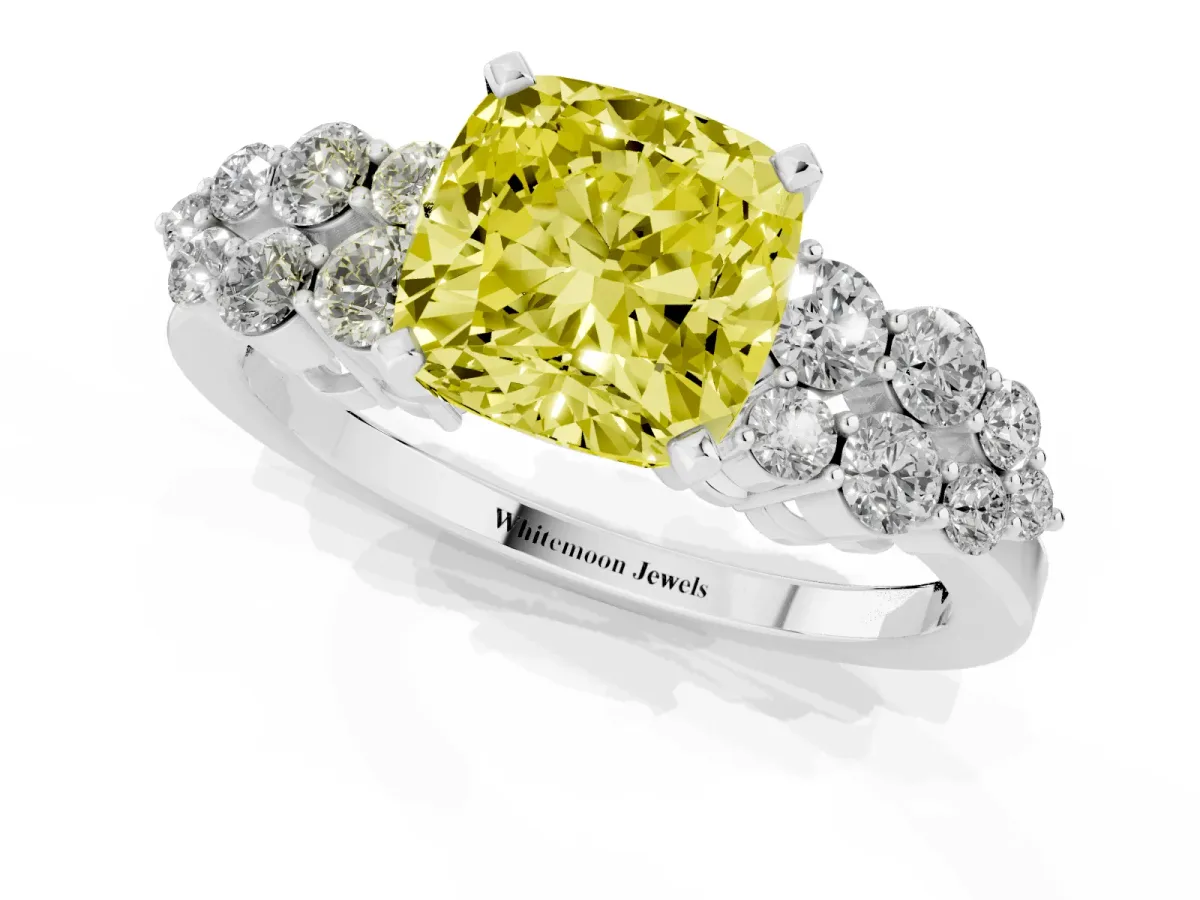 Fancy Yellow Cushion Cut Cluster Diamond Engagement Ring with Pavé Band and Four-Prong Setting Silver