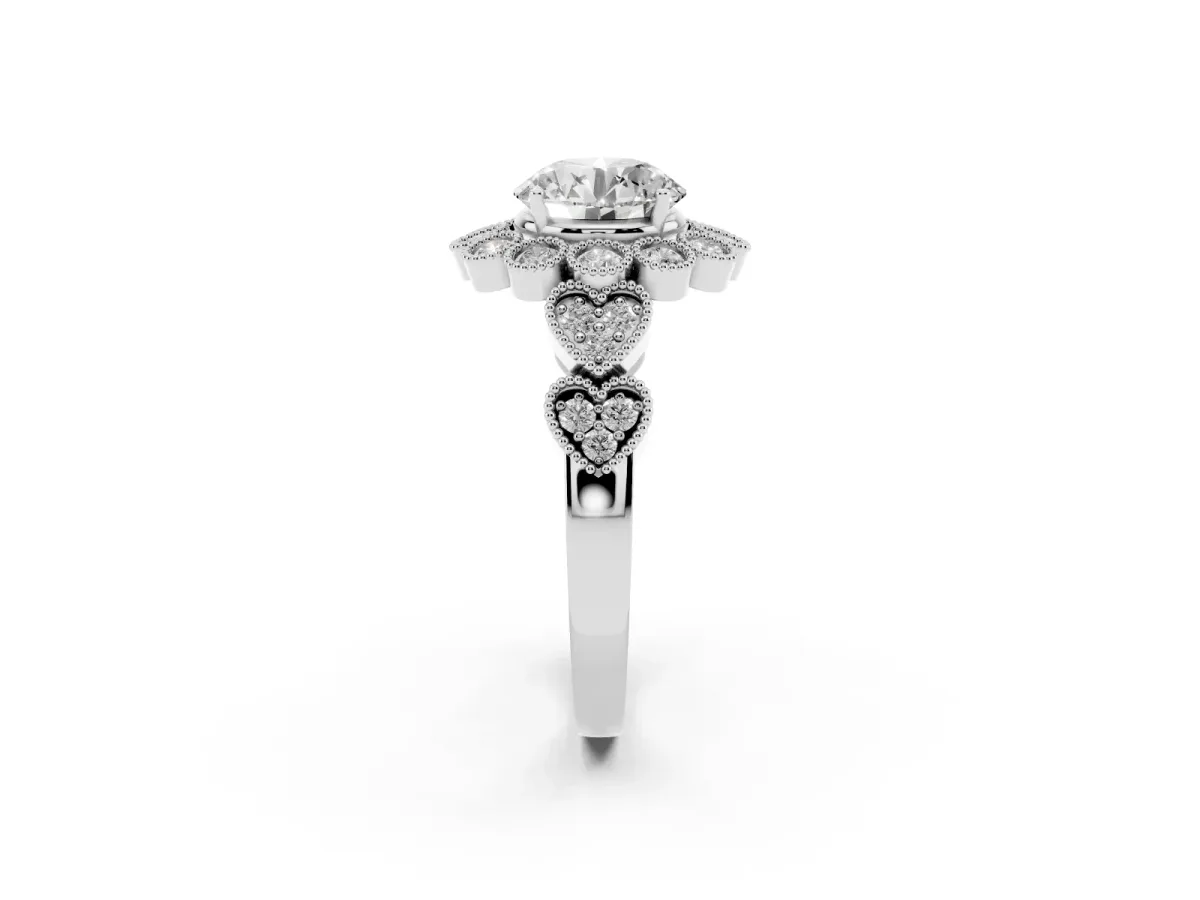Round Cut Brilliant Milgrain Pave Heart Band Solitaire Ring Silver