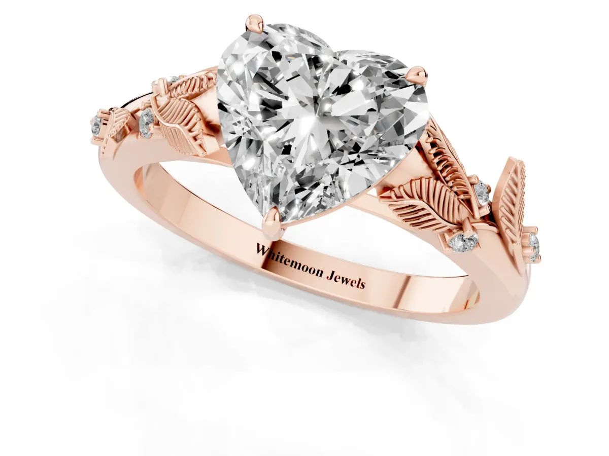 Heart Cut Diamond Solitaire Ring with Leaf Motif Band and Four-Prong Setting Rose gold