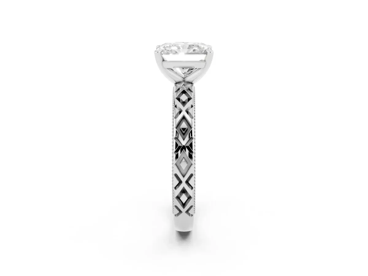 Radiant Cut Solitaire Diamond Ring with Milgrain and Black Enamel X Pattern Band Silver