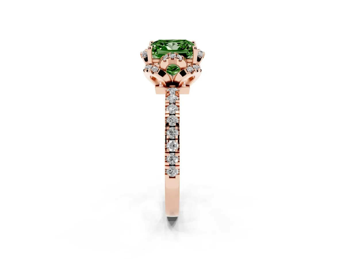 Fancy Green Princess Cut Halo Diamond Pave Band Ring with Four-Prong Setting Rose gold