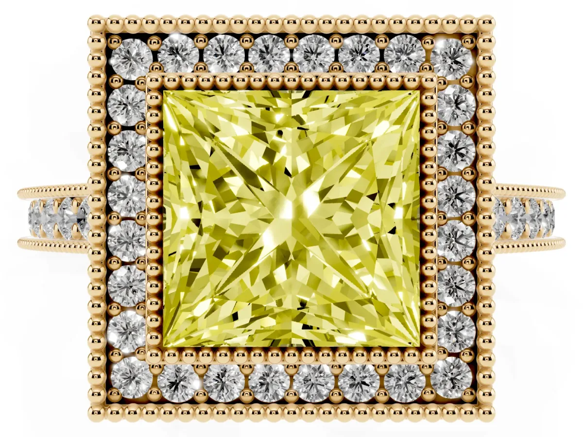Fancy Yellow Halo Princess Cut-Cut Diamond Pave Band Milgrain Prong Setting Ring Yellow gold