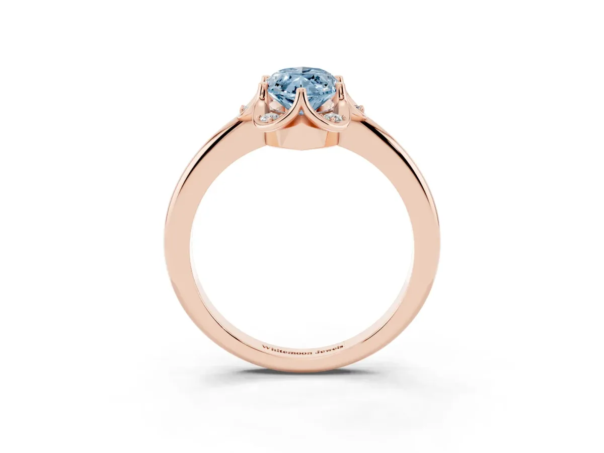 Fancy Blue Marquise Cut Halo Diamond Ring with Round Cluster Setting, Solitaire Band, and Four-Prong Setting Rose gold