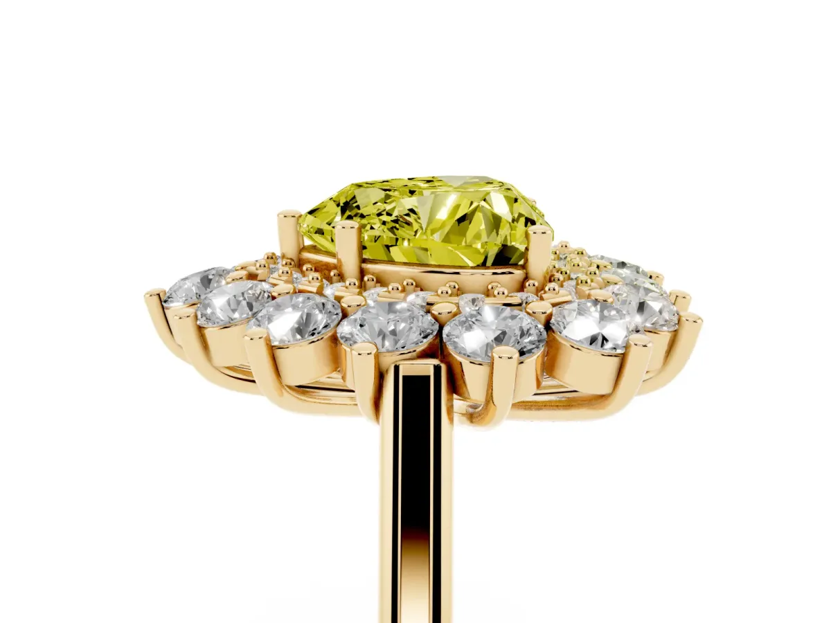 Fancy Yellow Heart Cut Diamond Floral Double Halo Engagement Ring with Prong Setting Yellow gold