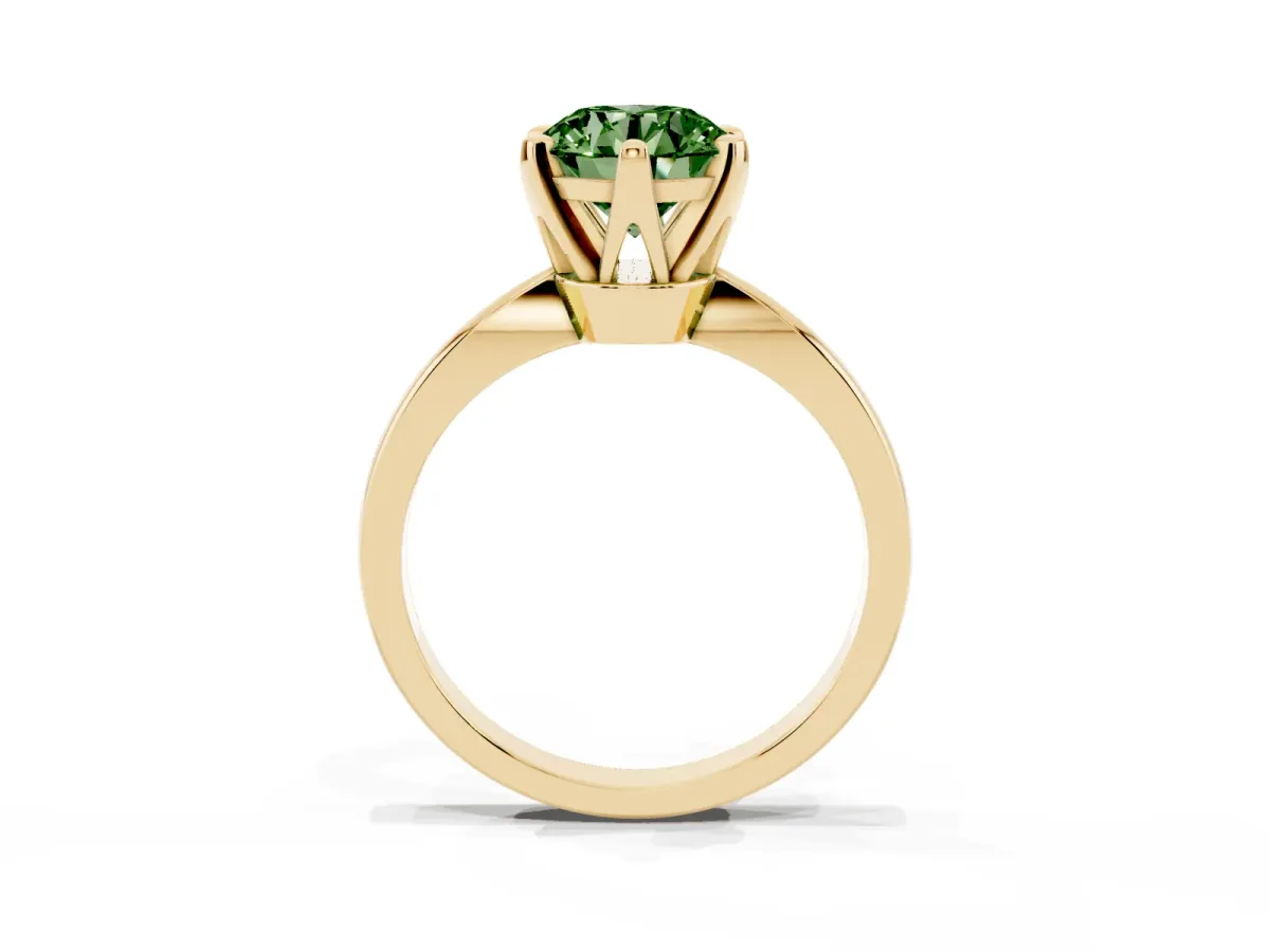 Fancy Green Round Cut Solitaire Engagement Ring with Six-Prong Setting and Tapered Band Yellow gold