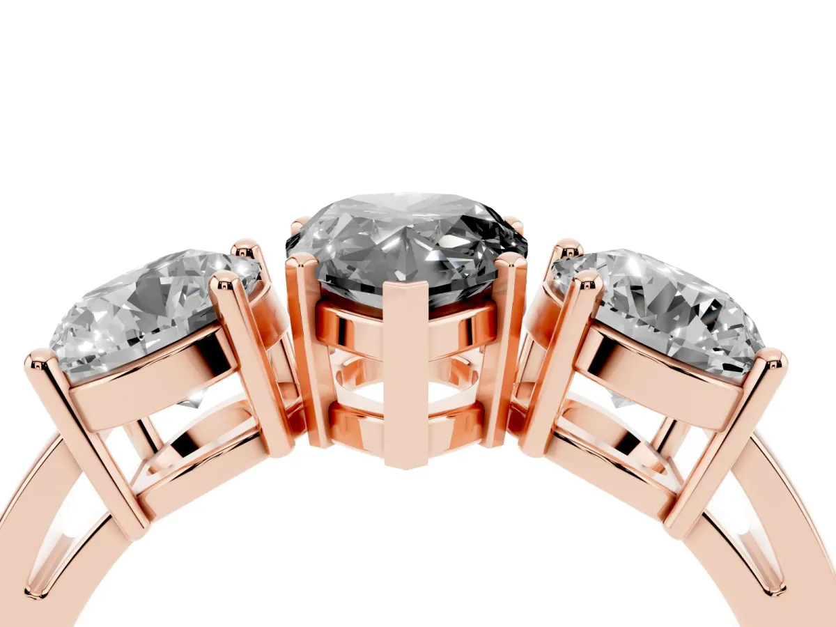 Fancy Black Three-Stone Pear Cut Diamond Ring with Round Side Stones, Classic Band, and Four-Prong Setting Rose gold