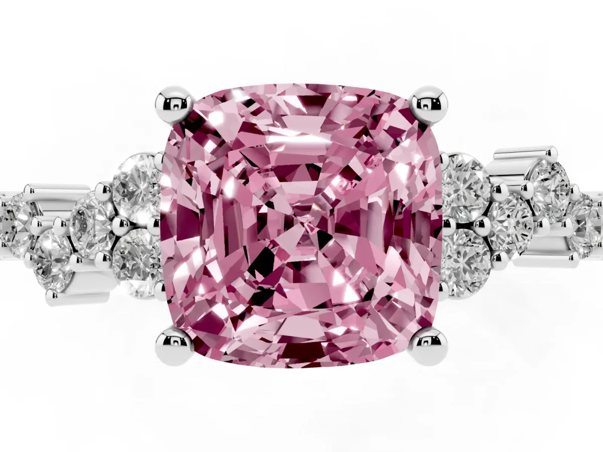 Fancy Pink Cushion Cut Diamond Scattered Round Accent Ring with Prong Setting White gold