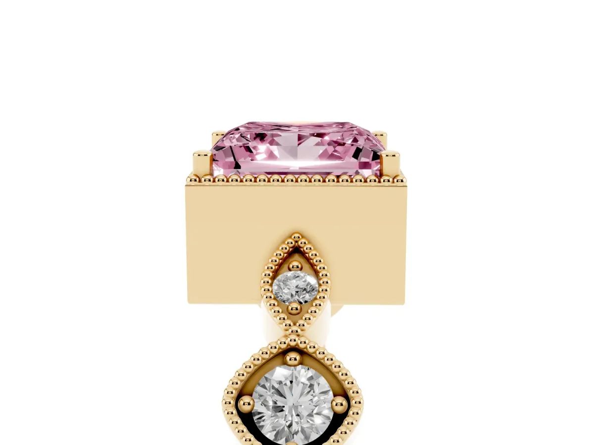 Fancy Pink Princess Cut Diamond Vintage Milgrain Ring with Round Stations Yellow gold