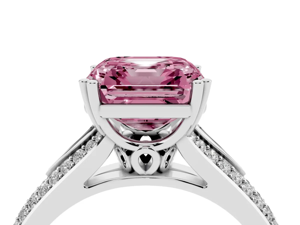 Fancy Pink Asscher Cut Diamond Split Shank Engagement Ring with Pavé Band Silver