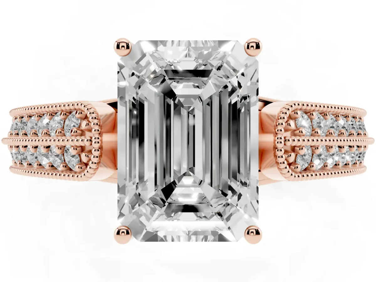 Emerald Cut Cut Pave Split Shank Engagement Ring with Four-Prong Setting Rose gold
