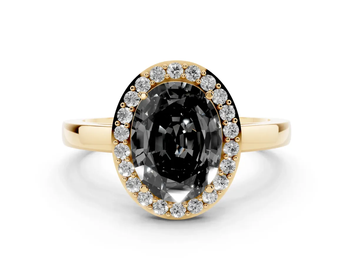 Fancy Black Oval Cut Halo Diamond Ring with Solitaire Band and Prong Setting Yellow gold