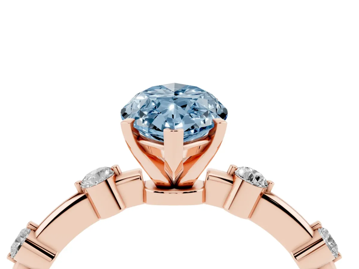 Fancy Blue Marquise Cut Solitaire Diamond Ring with Bezel Set Side Stones and Prong Setting Rose gold
