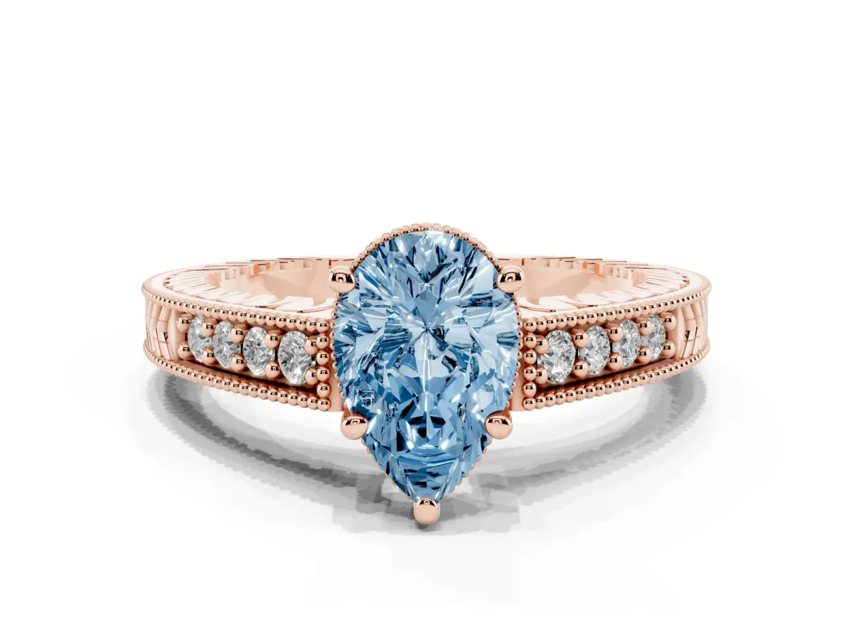 Fancy Blue Pear Cut Solitaire Pavé Diamond Milgrain Engagement Ring with Four-Prong Setting Rose gold