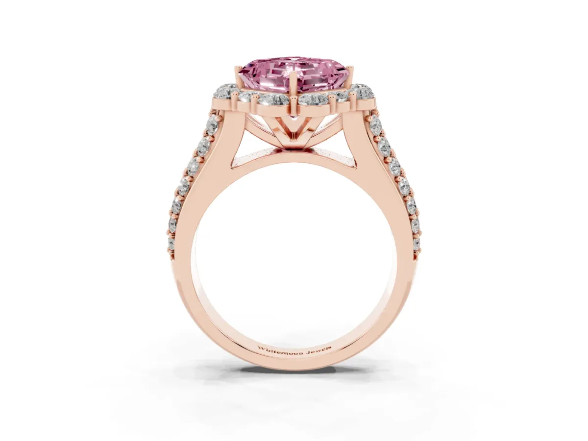 Fancy Pink Asscher Cut Halo Diamond Engagement Ring with Split Shank and Prong Setting Rose gold