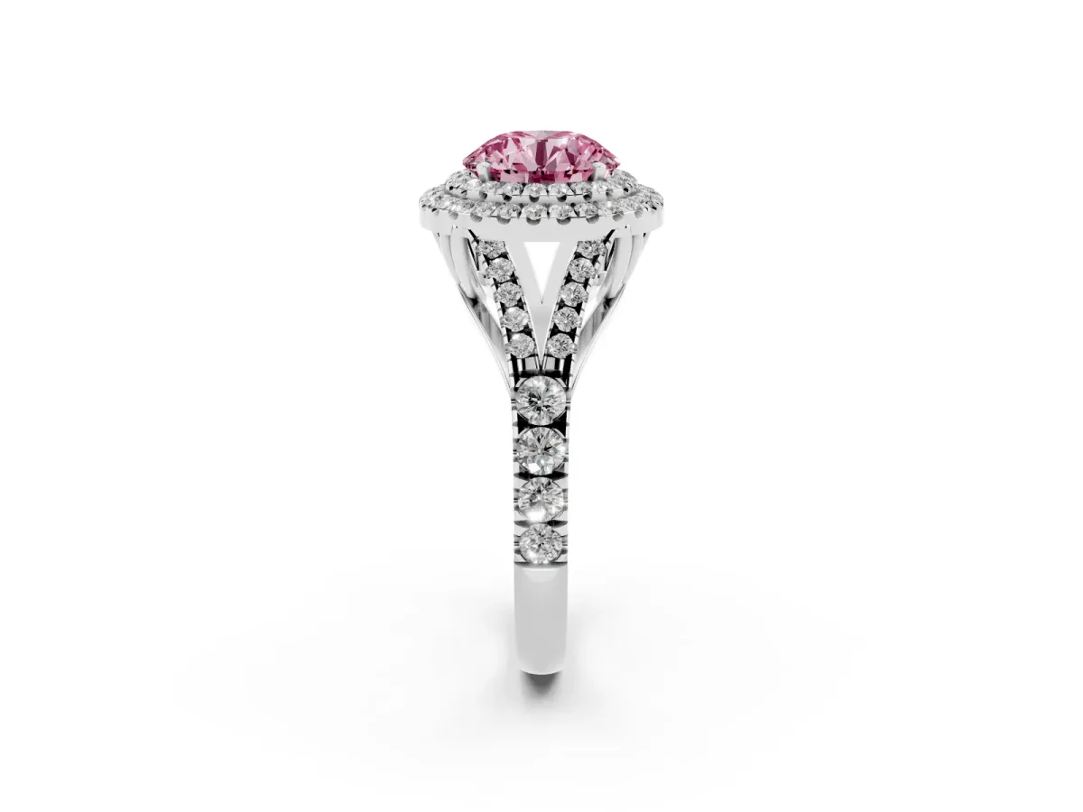 Fancy Pink Round Cut Diamond Double Halo Ring with Split Shank and Prong Setting Platinum