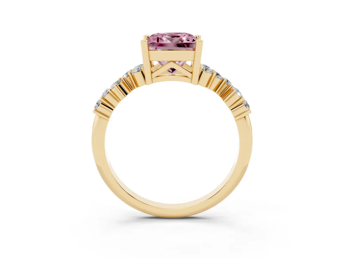 Fancy Pink Princess Cut Diamond Scattered Round Accent Ring with Prong Setting Yellow gold
