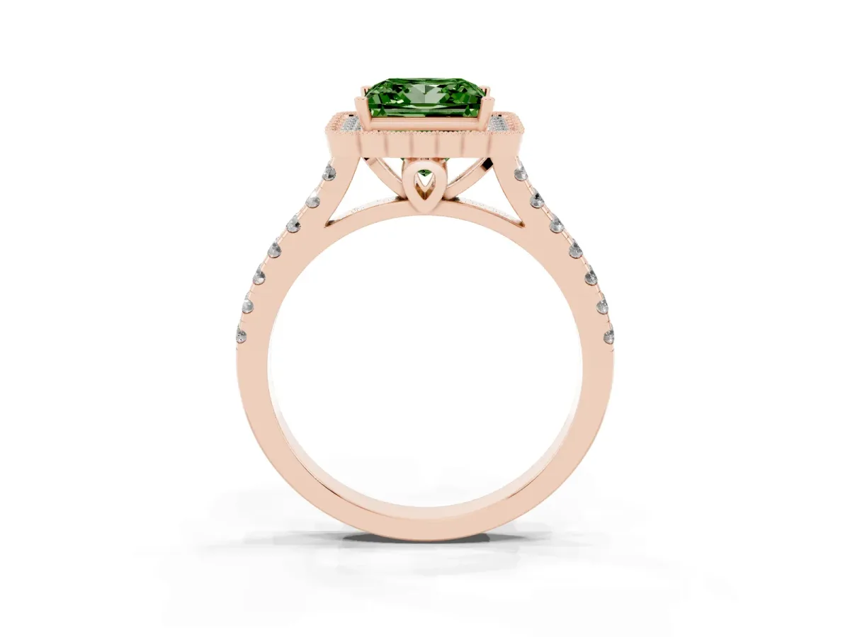 Fancy Green Princess Cut Cut Diamond Milgrain Floral Halo Engagement Ring with Pavé Band Rose gold