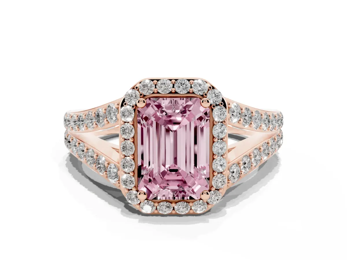 Fancy Pink Emerald Cut Diamond Split Shank Halo Ring with Four-Prong Setting Rose gold