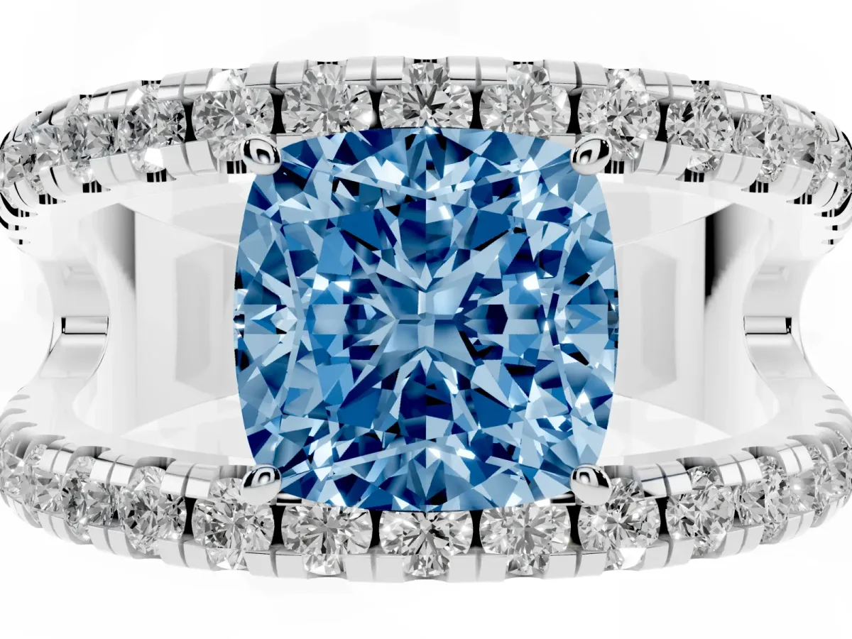 Fancy Blue Cushion Cut Solitaire Split Shank Pave Diamond Ring Platinum