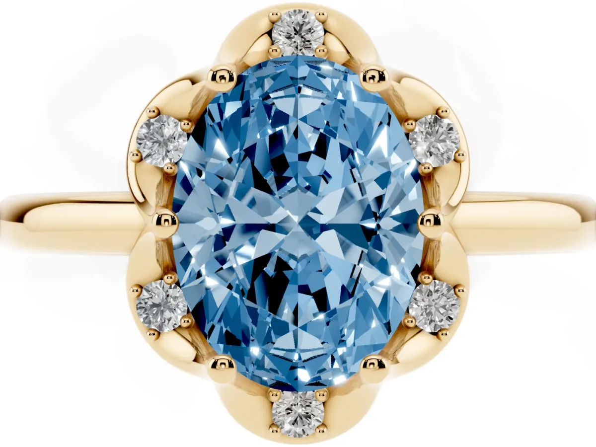 Fancy Blue Oval Cut Halo Diamond Ring with Round Cluster Setting, Solitaire Band, and Four-Prong Setting Yellow gold